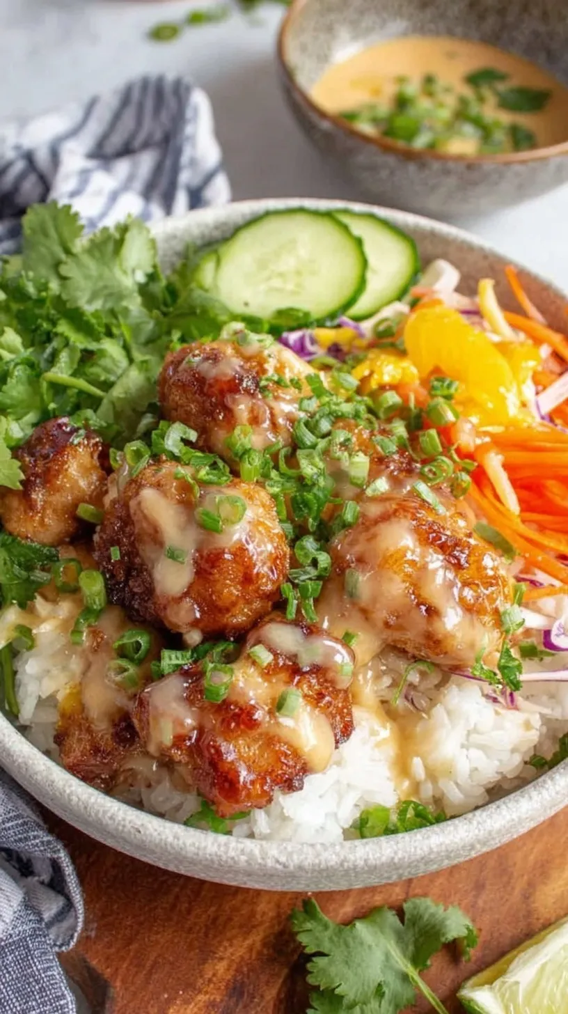 A bowl of crispy Bang Bang chicken with carrots, cucumbers, and edamame over rice.