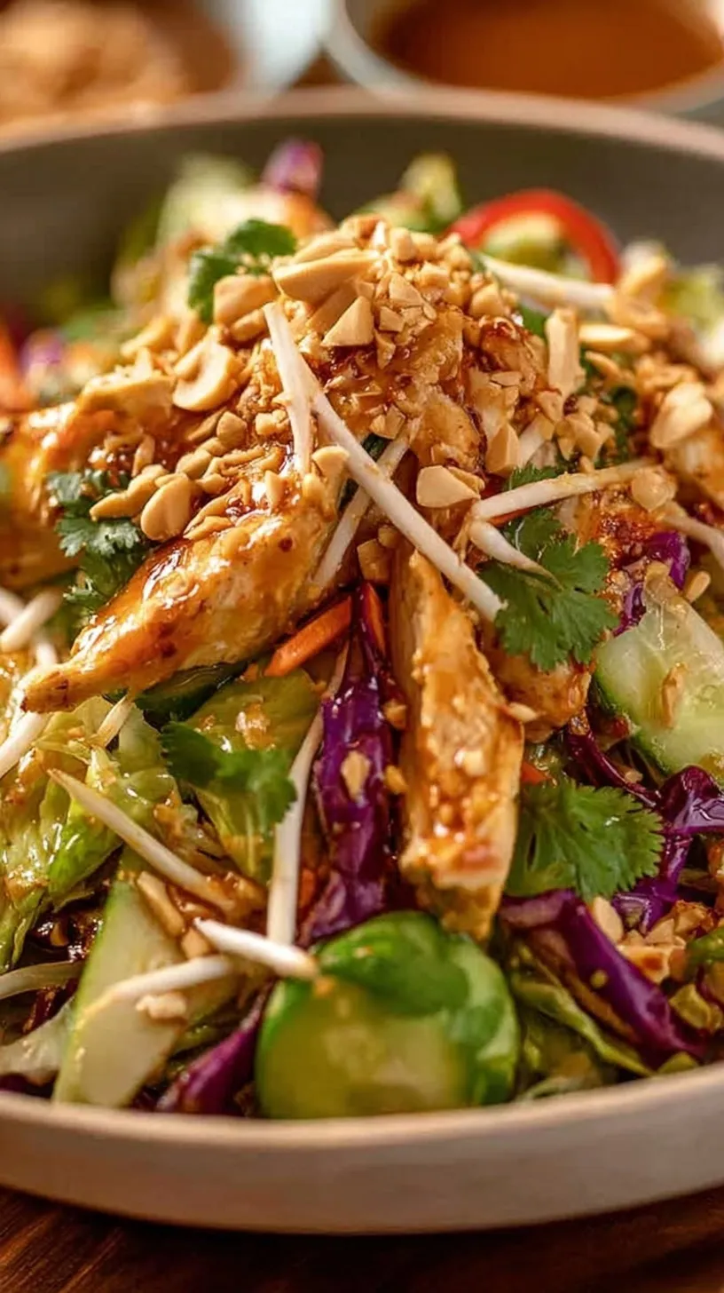 Shredded chicken and julienned cucumber topped with spicy sesame sauce and cilantro