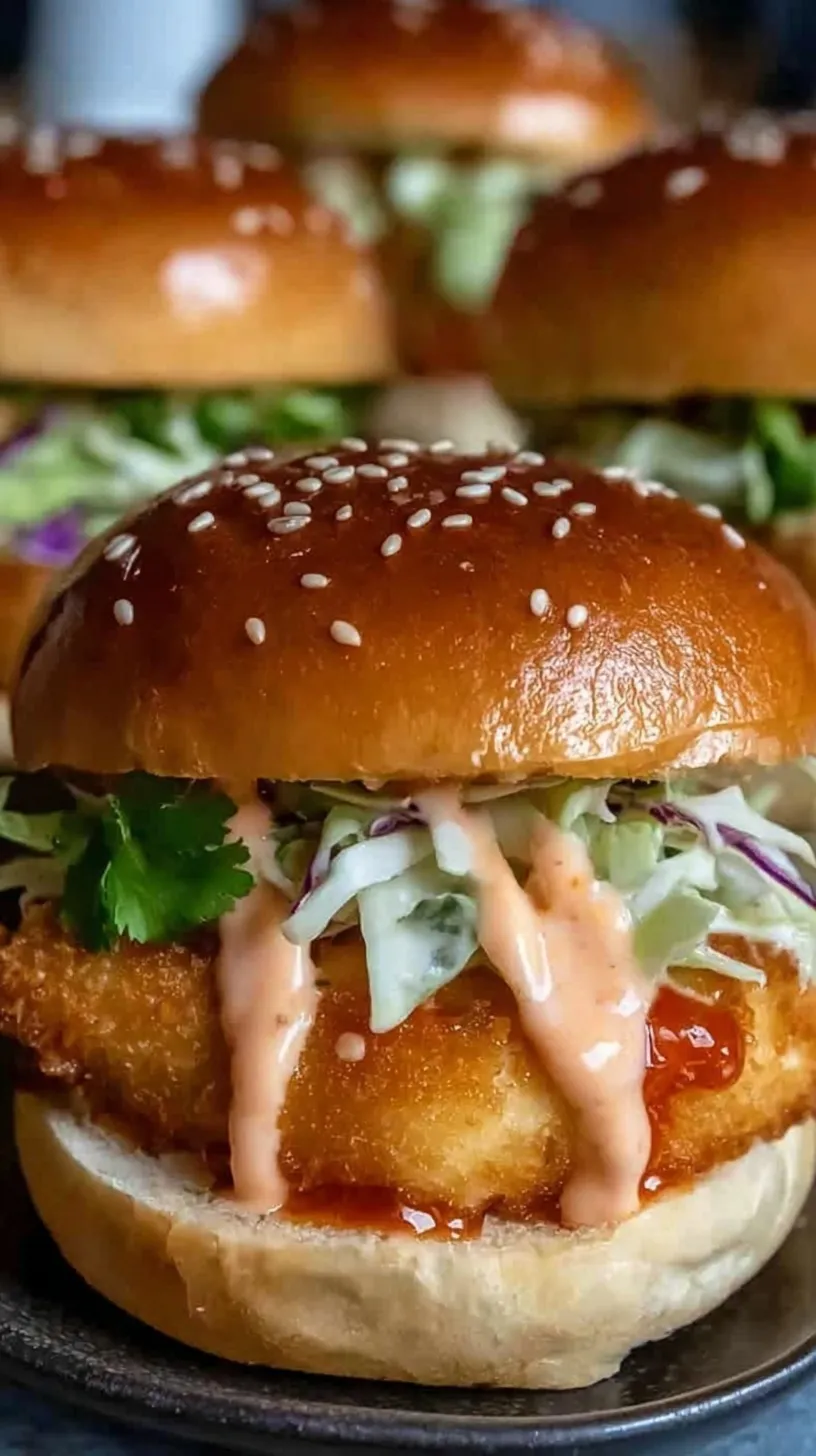 Crispy fried chicken sliders tossed in spicy bang bang sauce on brioche buns