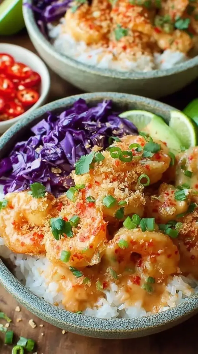 Crispy shrimp tossed in spicy cream sauce over jasmine rice with green onions and sesame seeds