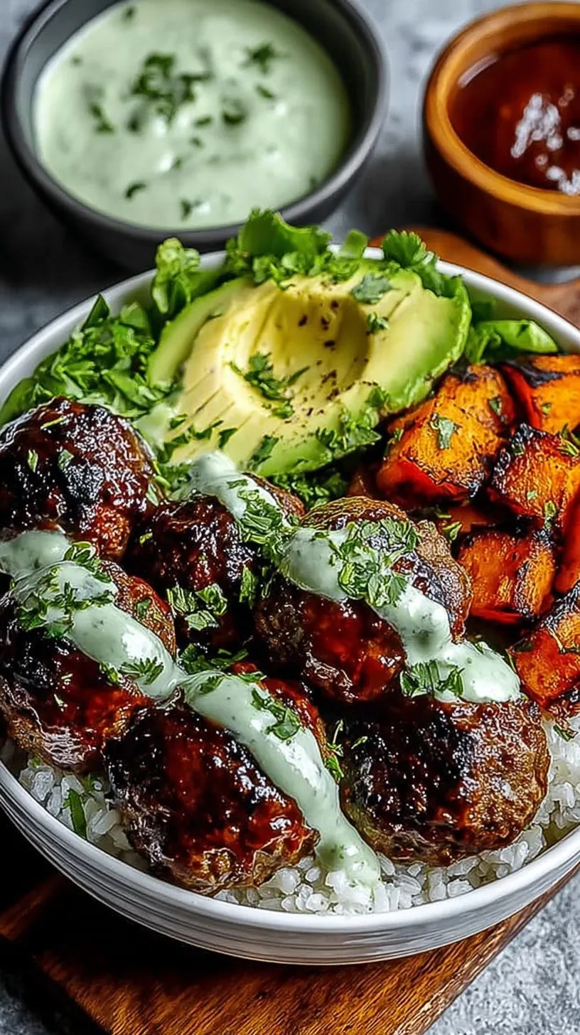 A colorful grain bowl featuring barbecue glazed meatballs, roasted broccoli, corn, and a drizzle of green avocado sauce over jasmine rice.