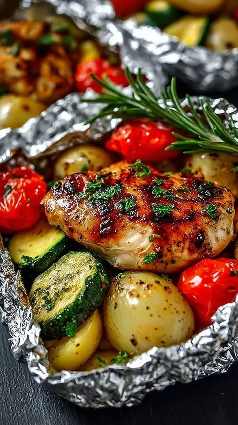 Foil packets opened on a grill showing BBQ chicken cubes with zucchini and peppers
