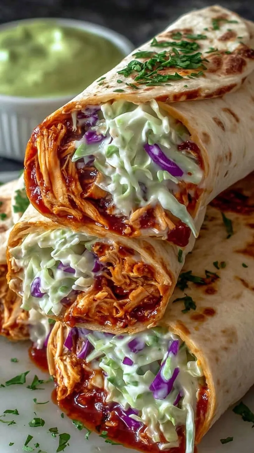 Close up of BBQ chicken coleslaw wraps sliced diagonally showing the smoky chicken and creamy slaw inside.