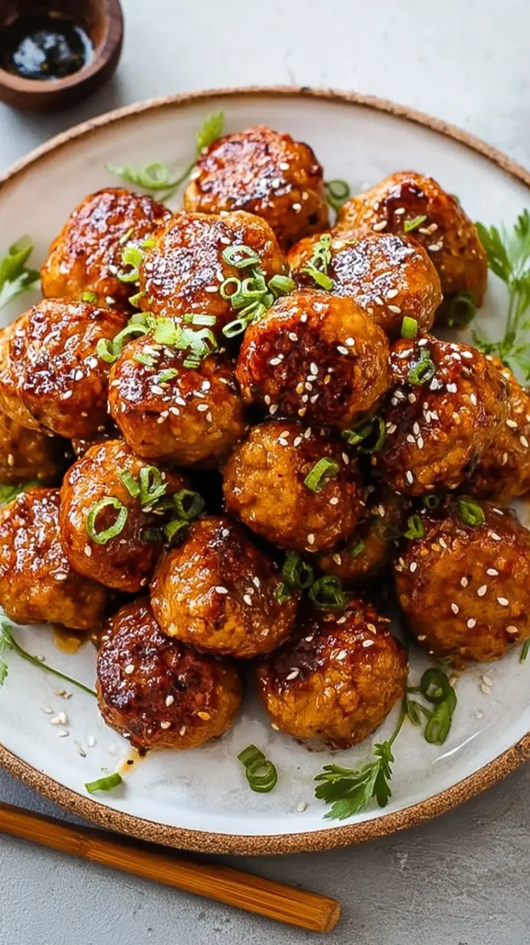 A tray of glazed BBQ chicken meatballs garnished with fresh parsley