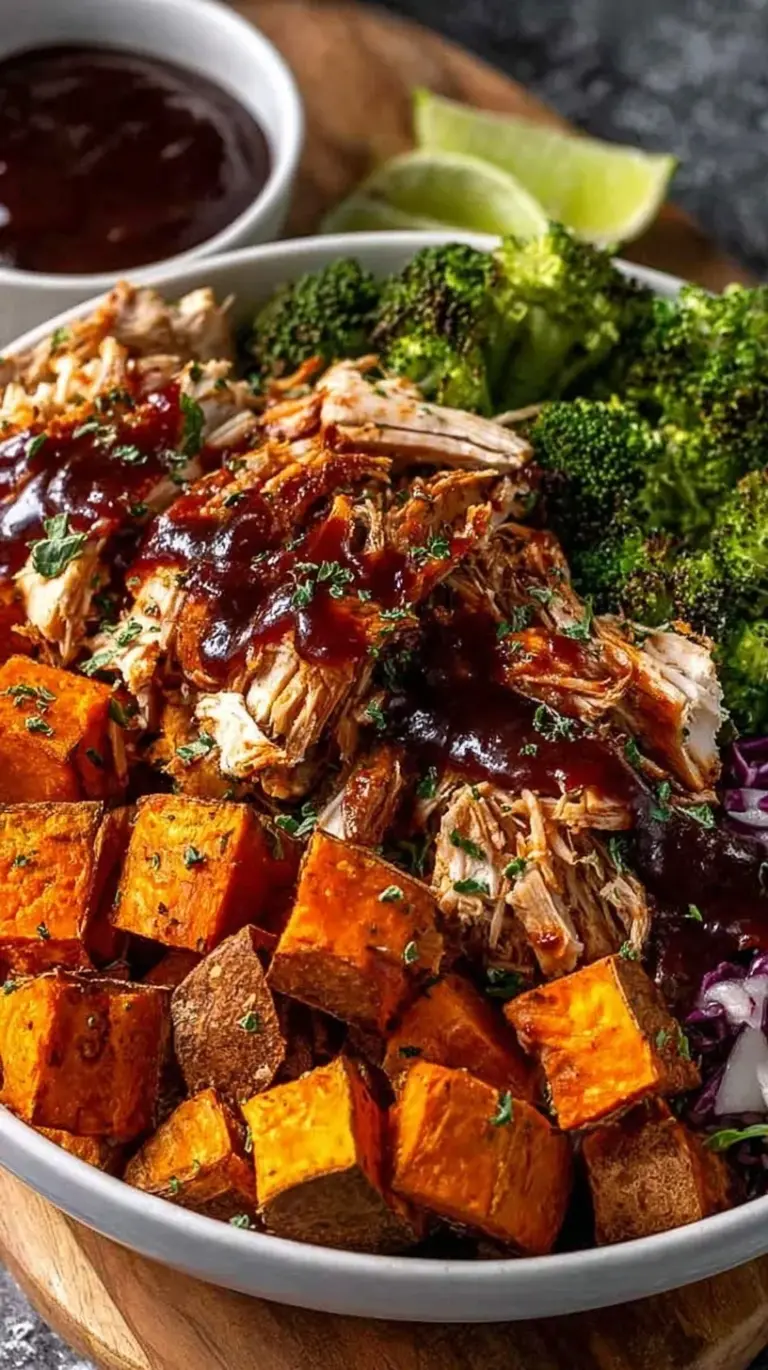 A colorful BBQ Chicken Sweet Potato Bowl with black beans, corn, and avocado