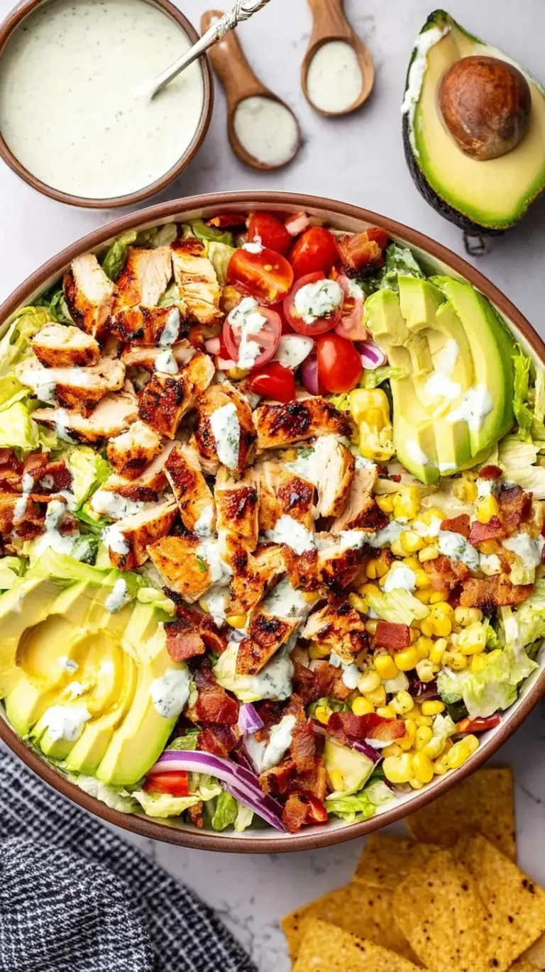 A vibrant BBQ Chicken Salad in a large bowl with grilled chicken, avocado, and tortilla strips.