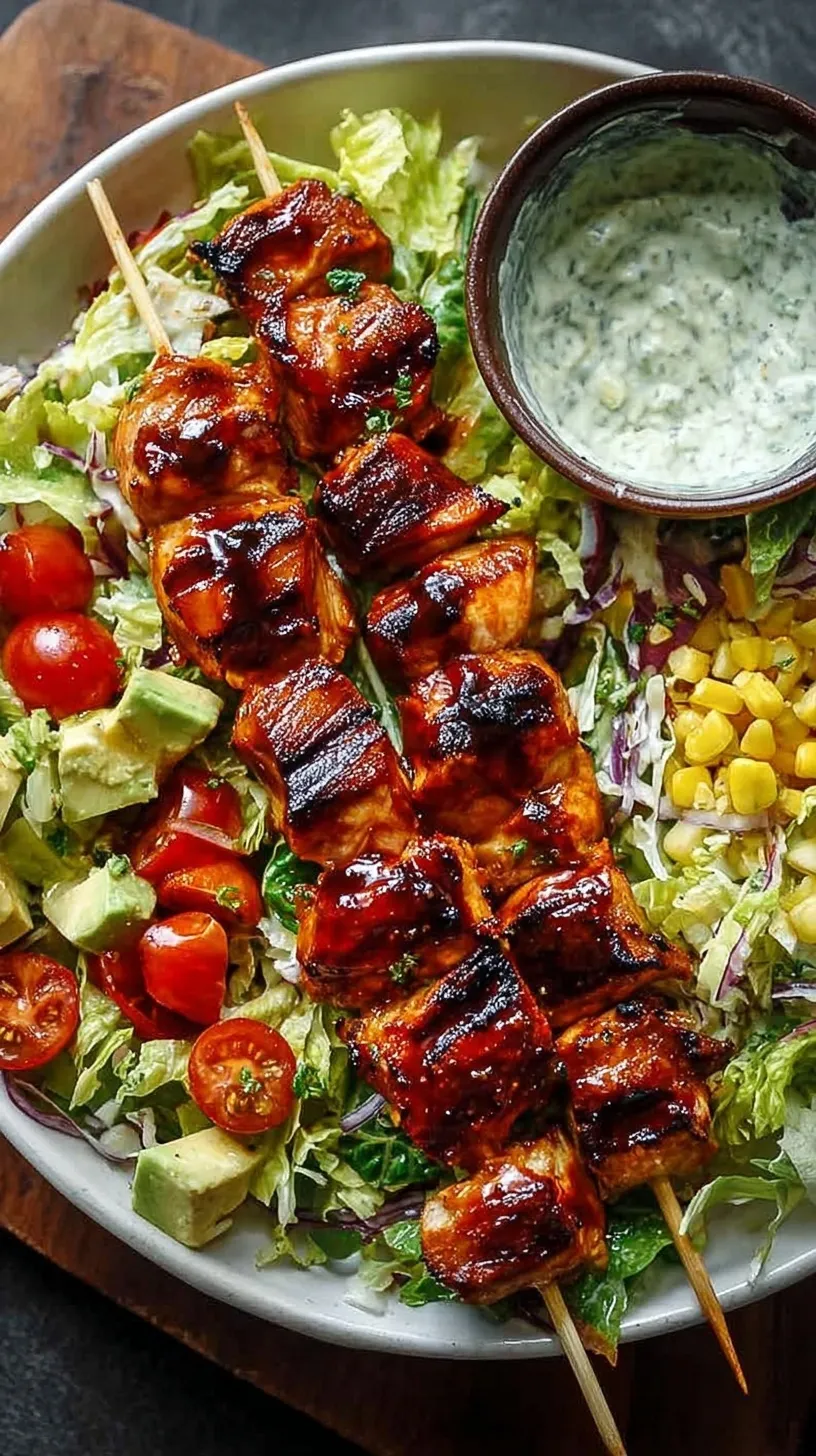 Grilled BBQ chicken skewers served on a bed of fresh romaine lettuce with black beans, corn, and creamy avocado dressing