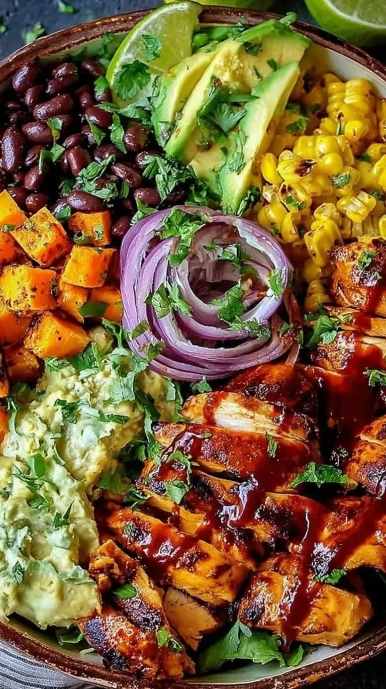A vibrant meal prep bowl with roasted sweet potatoes, shredded BBQ chicken, black beans, corn, and fresh avocado slices.
