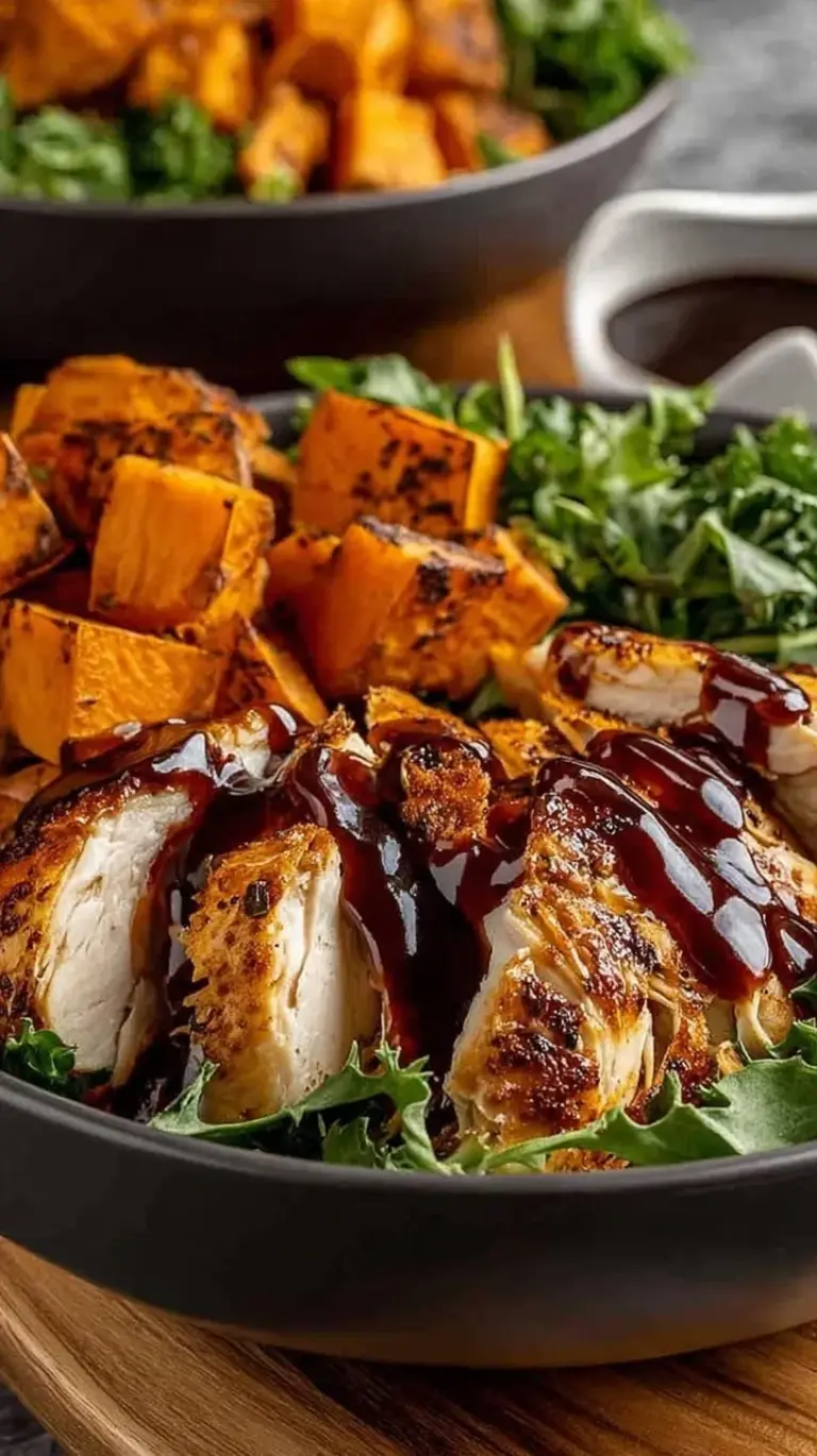 Roasted sweet potato halves filled with BBQ chicken, black beans, and corn with a lime crema drizzle