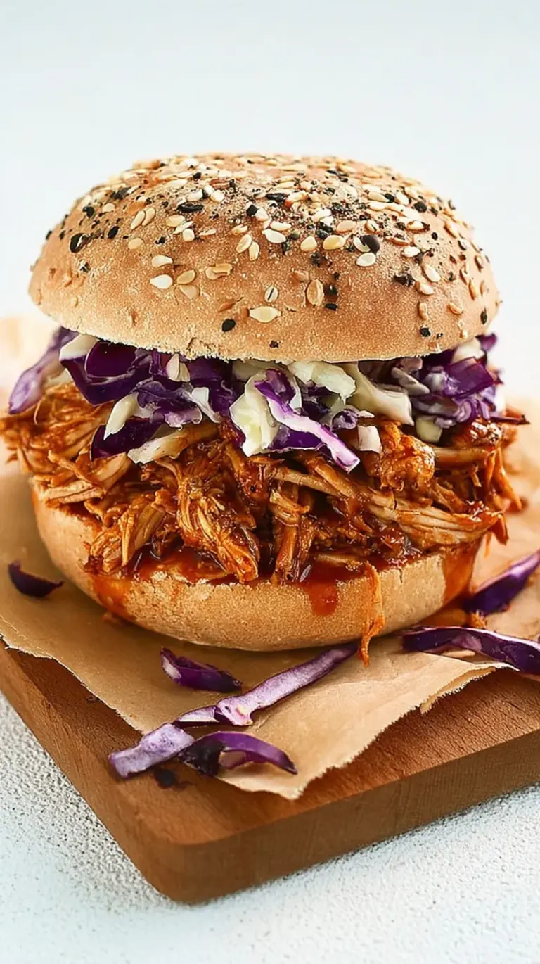Two BBQ jackfruit sandwiches topped with creamy coleslaw on toasted buns
