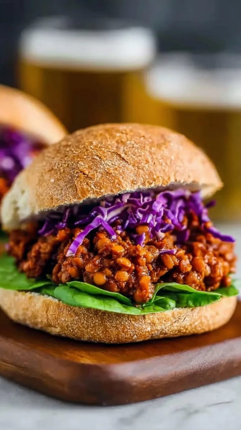 A close-up shot of a messy BBQ Lentil Sloppy Joe on a toasted bun with green peppers and onions visible.