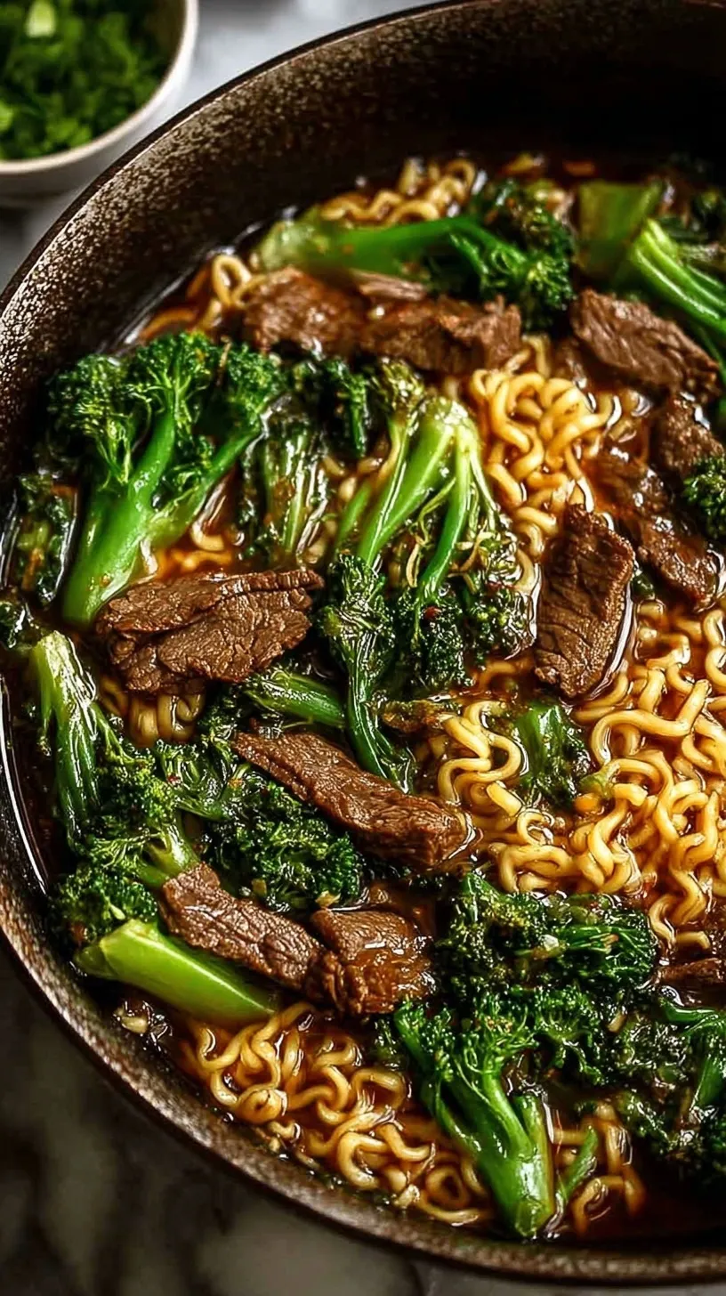A close-up shot of savory beef and broccoli ramen stir fry in a bowl with steam rising.