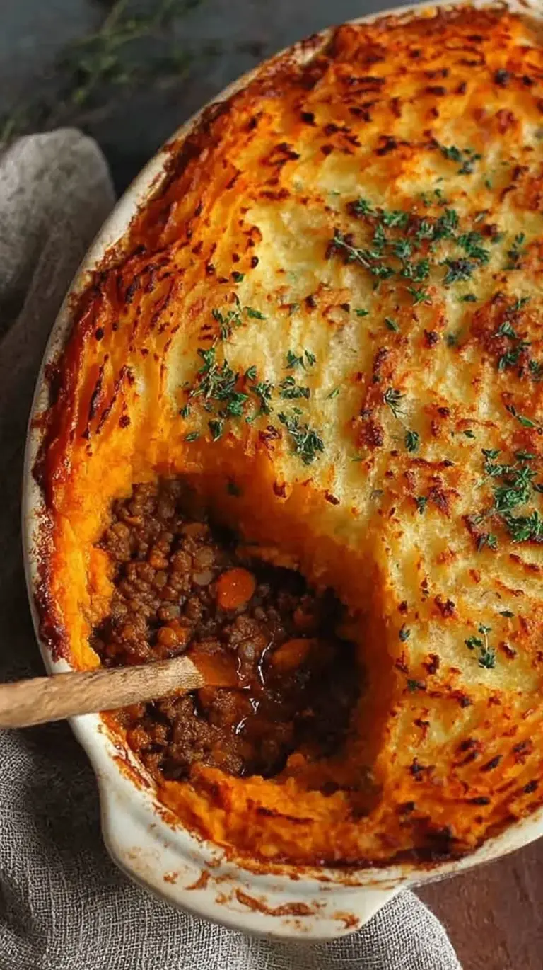 A golden brown Beef and Lentil Cottage Pie in a baking dish with a textured mashed potato topping.