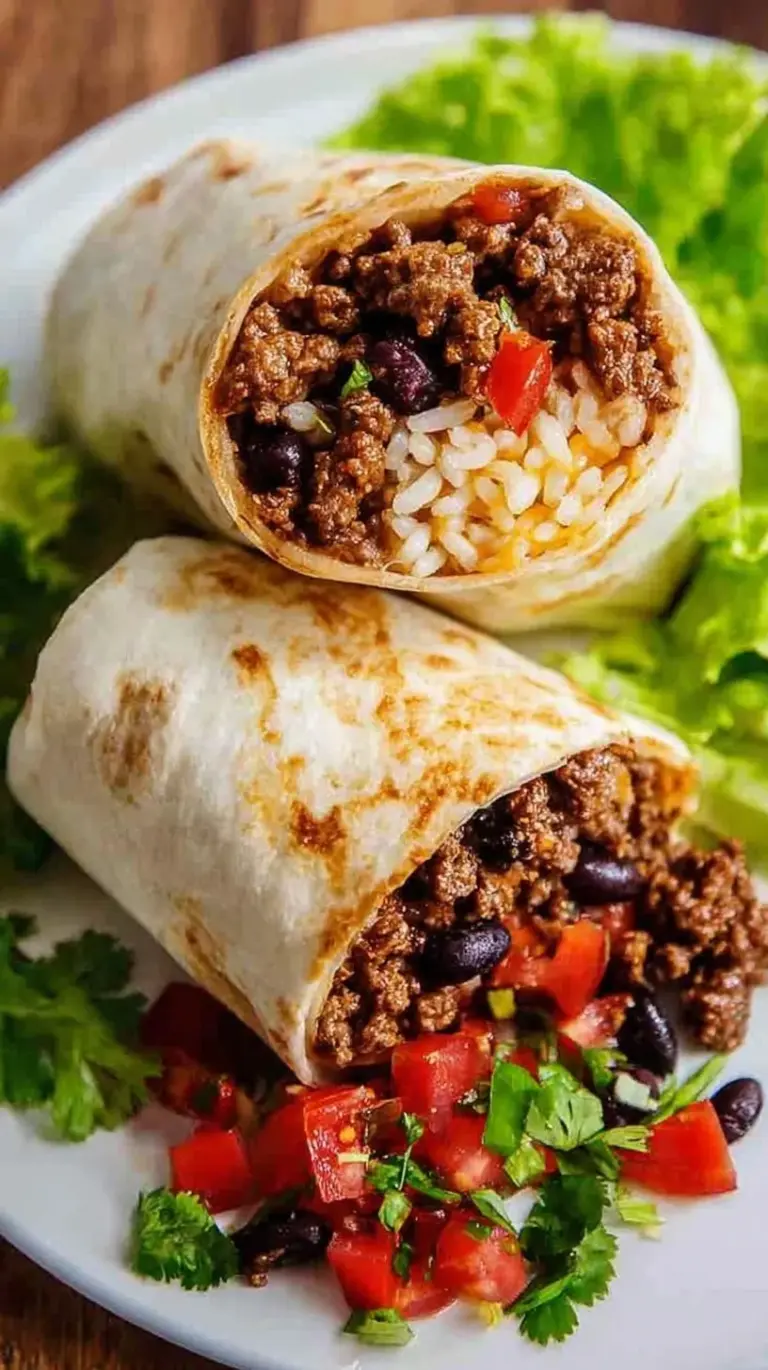 A large, golden-brown beef burrito sliced in half showing seasoned beef, rice, beans, and melted cheese.