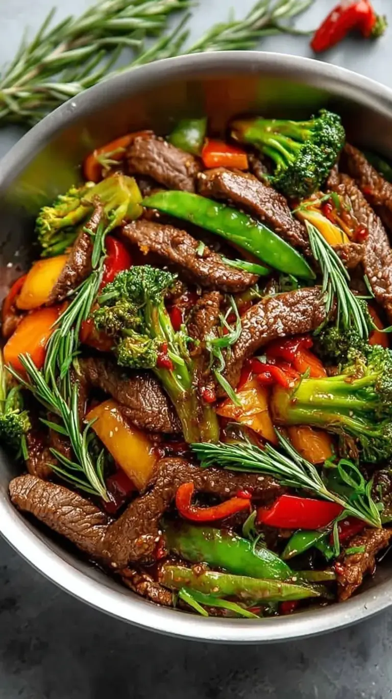 Sizzling beef stir fry with broccoli, carrots, and peppers in a wok with a glossy sauce