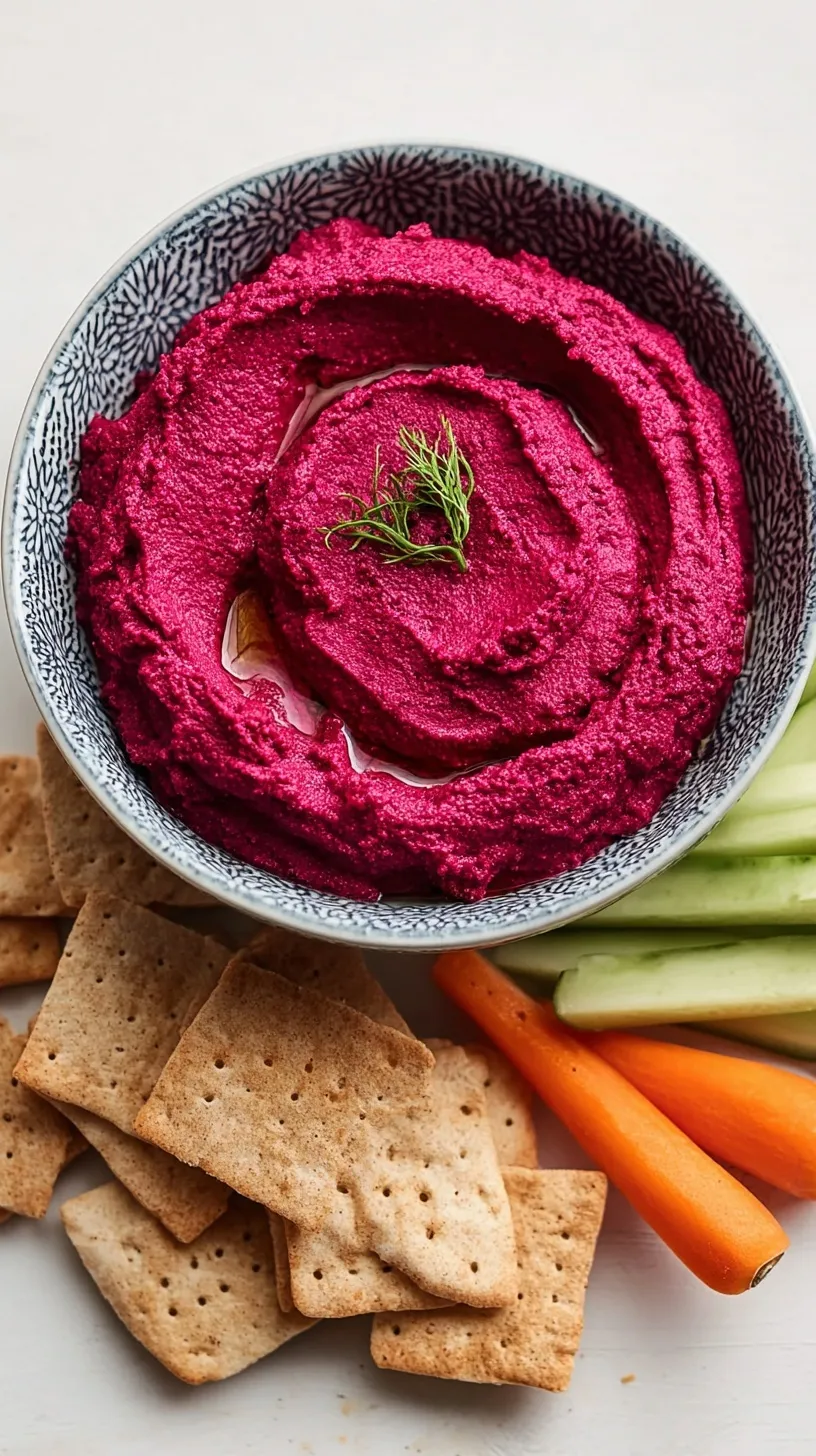 A bowl of bright pink beet hummus topped with olive oil and herbs next to fresh vegetables.