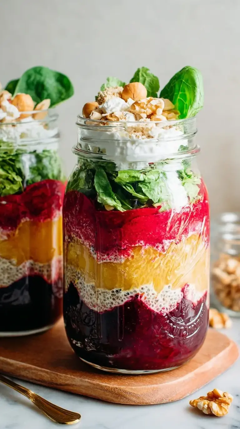 Colorful layered Beet Power Mason Jar Salad with spinach, quinoa, and beets