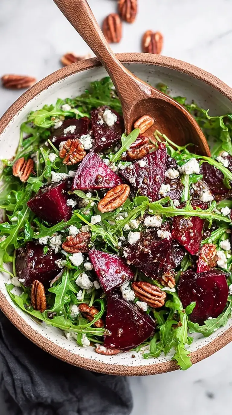 A vibrant roasted beet salad with green arugula, purple beets, white goat cheese, and walnuts on a white plate.