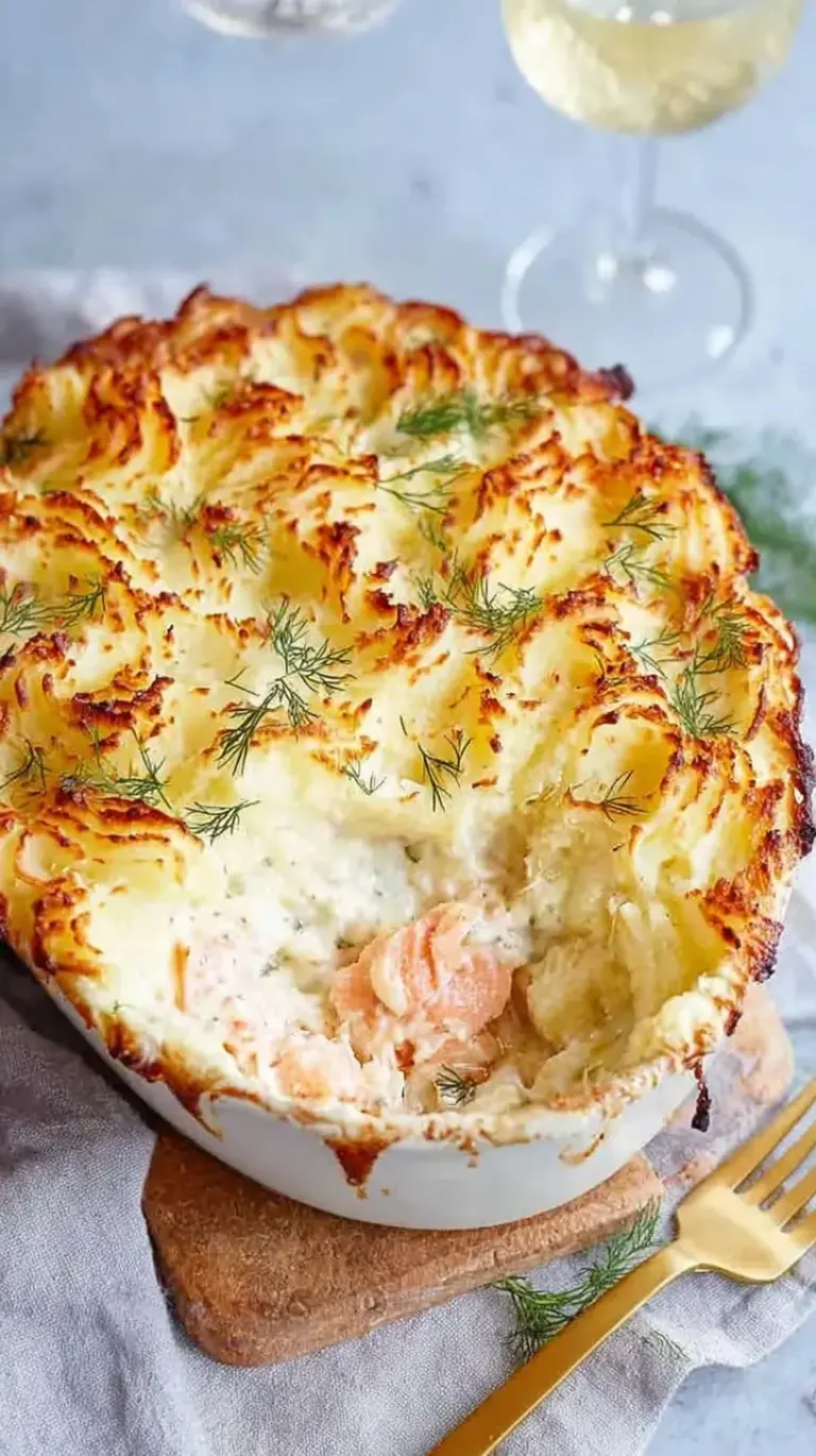 A golden, cheese-crusted fish pie in a white ceramic dish with a spoonful removed to show creamy fish and prawns.