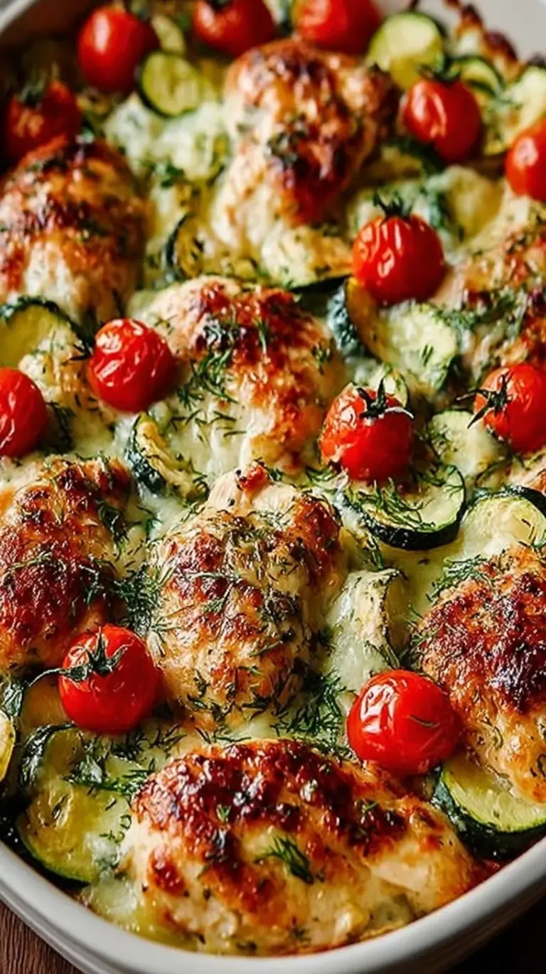 A vibrant 9x13 baking dish filled with roasted chicken cubes, zucchini half-moons, cherry tomatoes, and olives topped with melted feta cheese.