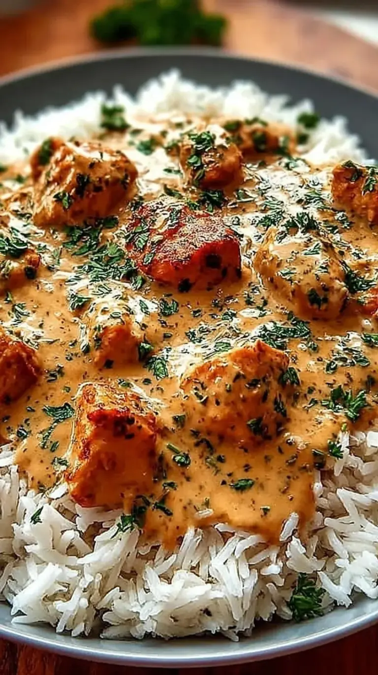 Golden brown smothered chicken thighs in a rich onion gravy served over white rice in a cast iron skillet