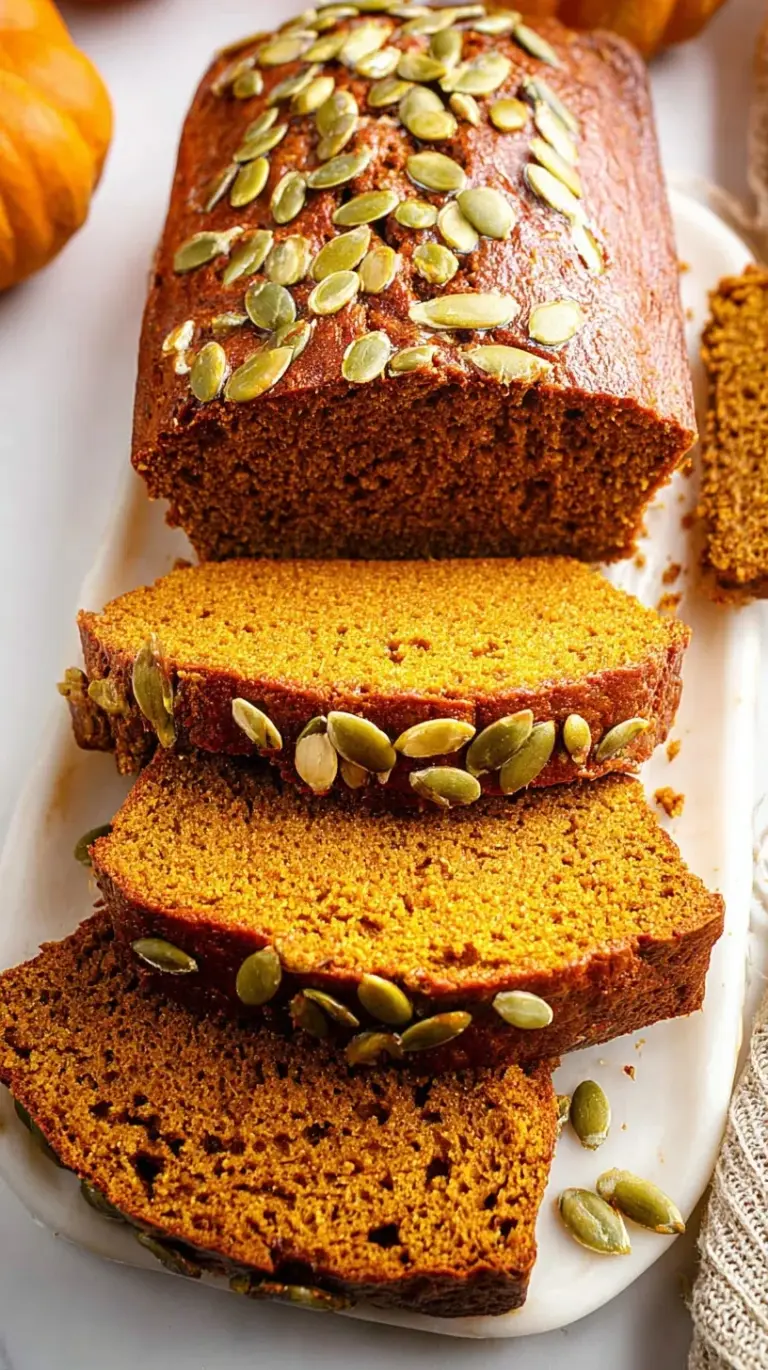 Two loaves of moist pumpkin bread sliced on a wooden board with autumn decorations.