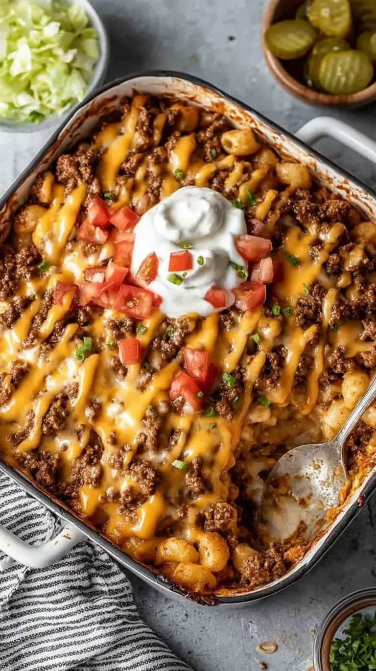 Cheesy Big Mac Casserole topped with fresh lettuce, pickles, and signature sauce