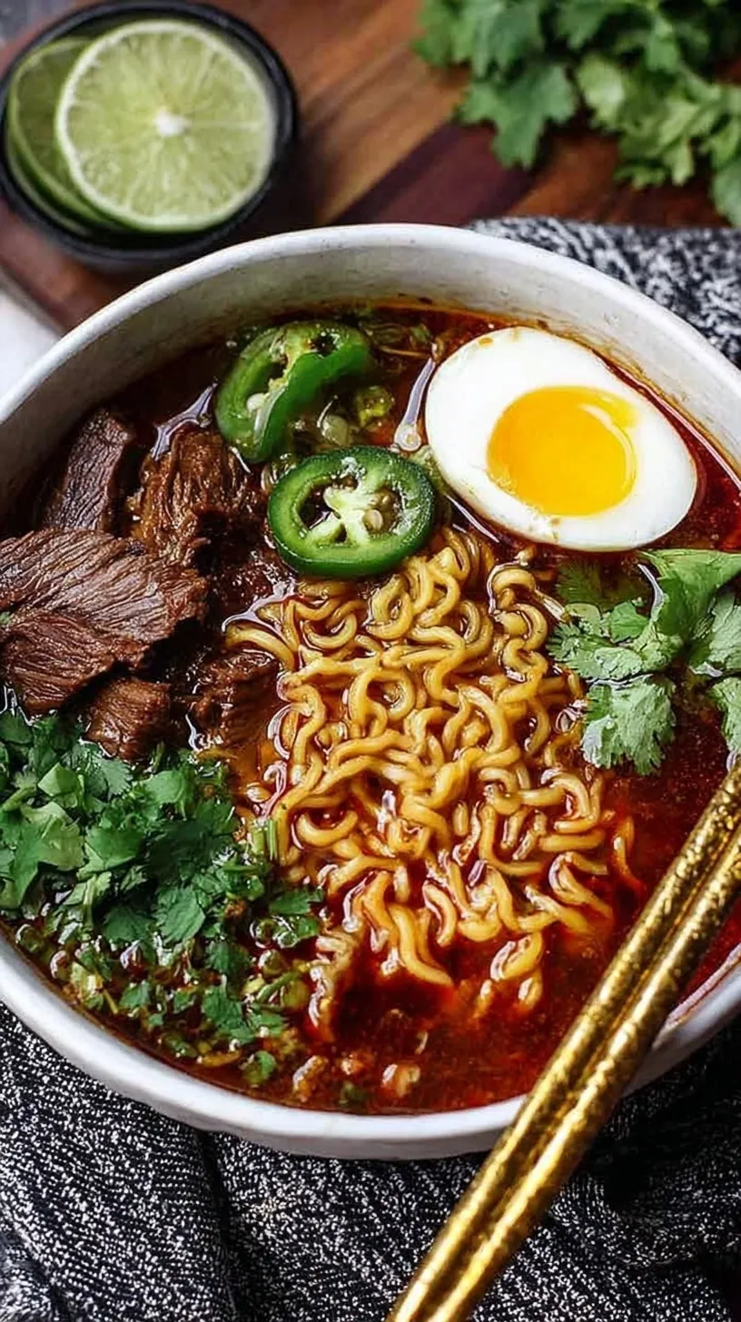 A steaming bowl of Birria Ramen with shredded beef, a jammy soft-boiled egg, and fresh cilantro.