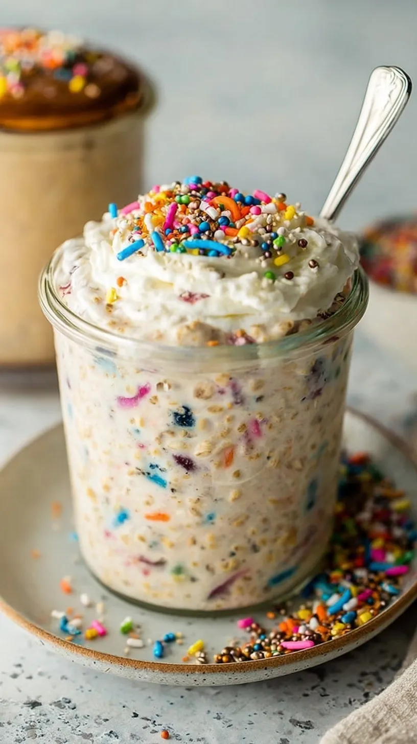 A glass mason jar filled with creamy birthday cake overnight oats topped with colorful rainbow sprinkles.