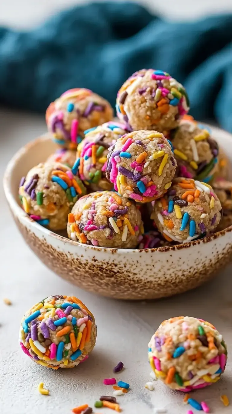 Close up of colorful birthday cake protein balls with rainbow sprinkles on a tray