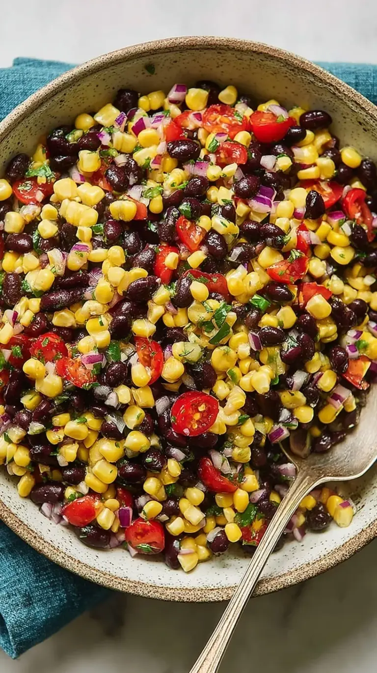 A colorful bowl of black bean and corn salad with red peppers and cilantro