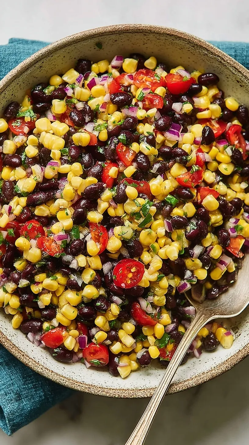A colorful bowl of black bean and corn salad with red peppers and cilantro