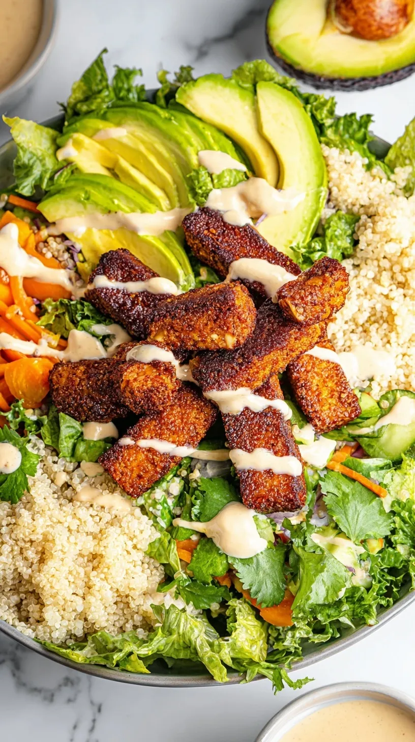 Sizzling blackened tempeh strips served over a fresh garden salad with cherry tomatoes and cucumbers
