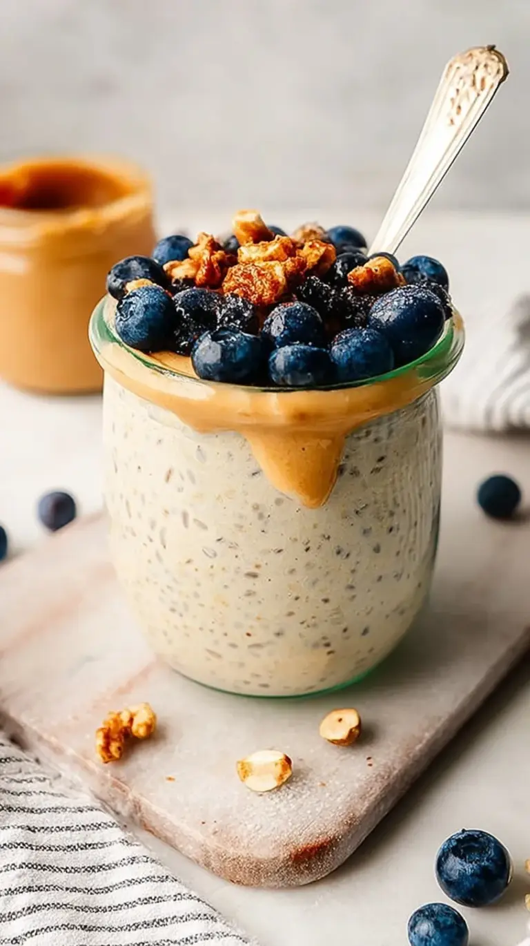 A glass jar filled with smooth, creamy blended overnight oats topped with fresh berries and a drizzle of syrup.
