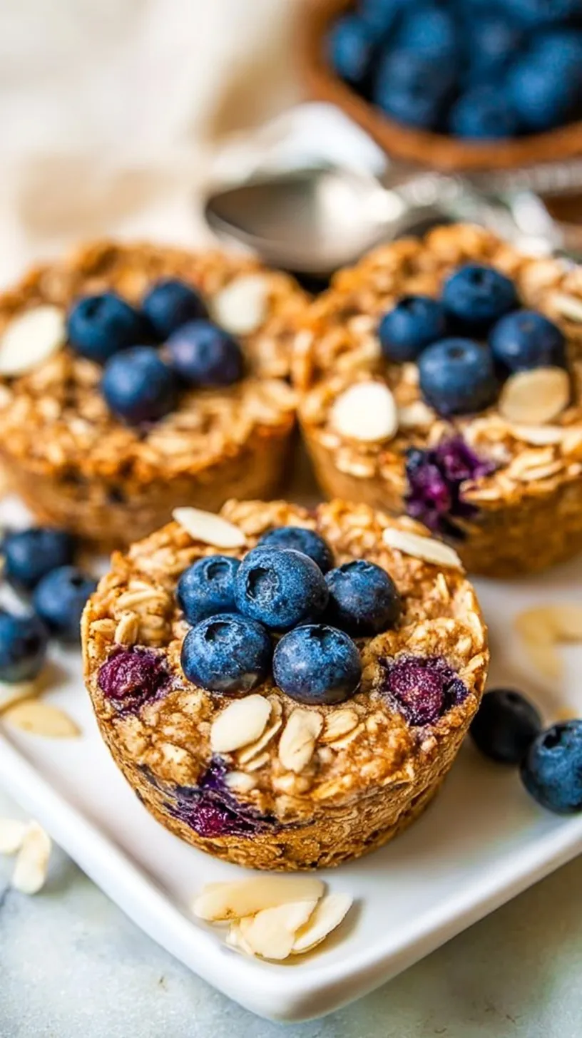 Golden brown blueberry baked oatmeal cups in a muffin tin with fresh blueberries on top.