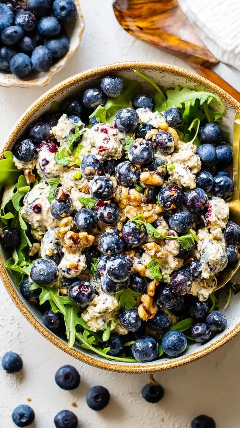 A vibrant blueberry breakfast salad with baby spinach, toasted walnuts, feta cheese, and granola in a white bowl.