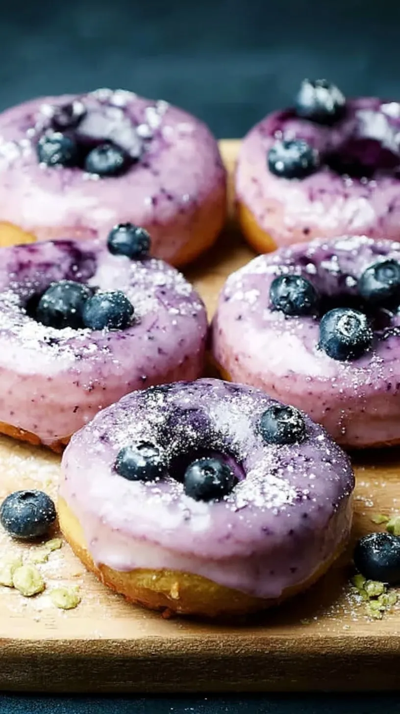 A tray of fresh baked Blueberry Cake Donuts with a shiny sugar glaze and fresh berries.