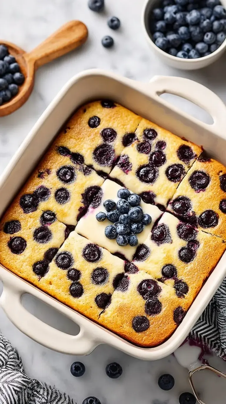 A golden-brown baked breakfast dish filled with fresh blueberries and lemon zest