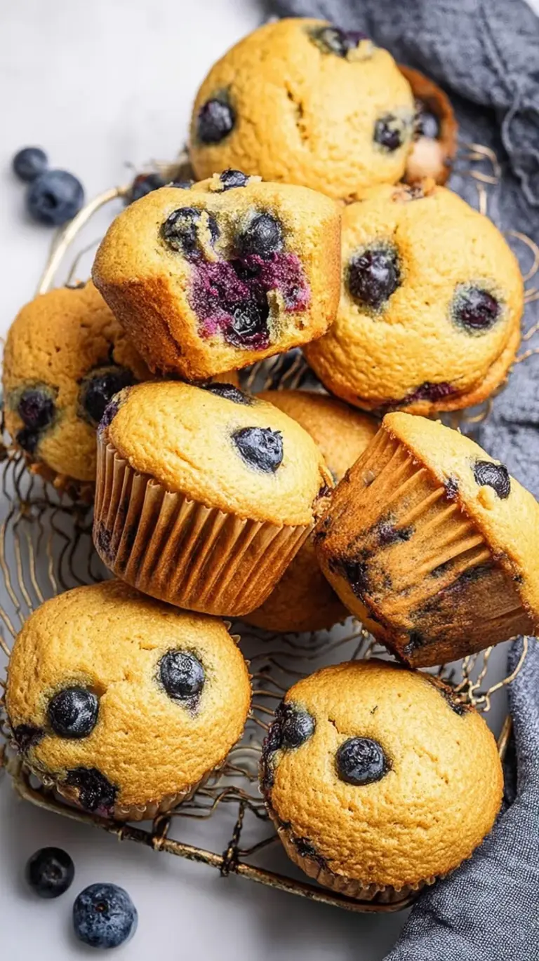 Golden brown blueberry muffins with fresh berries on a cooling rack