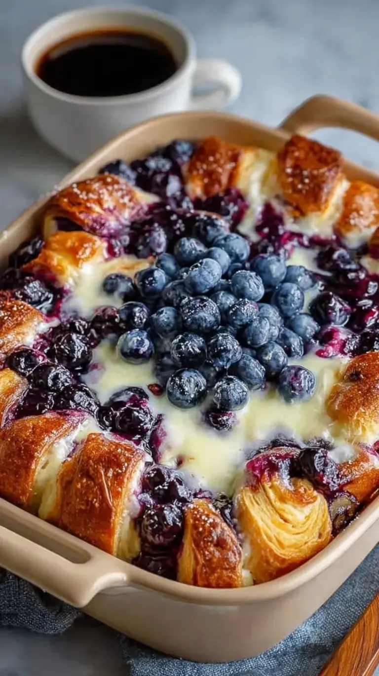 Golden brown blueberry cream cheese croissant casserole dusted with powdered sugar in a white baking dish.