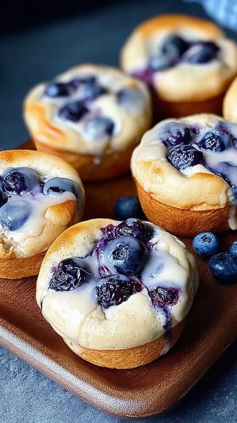 A stack of golden blueberry protein muffins with a creamy cheesecake center
