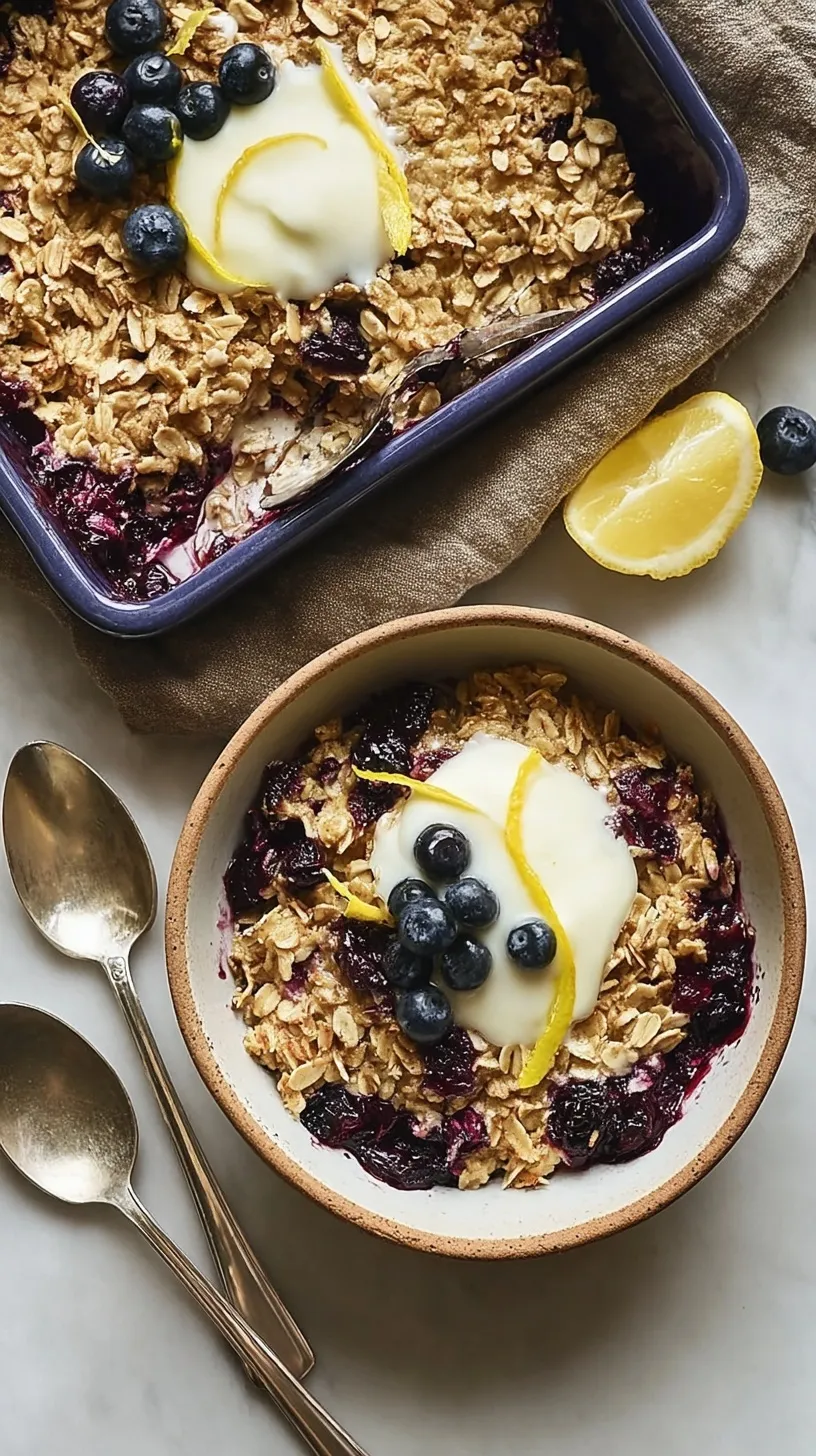A golden brown dish of Blueberry Lemon Baked Oatmeal topped with fresh blueberries and lemon zest.