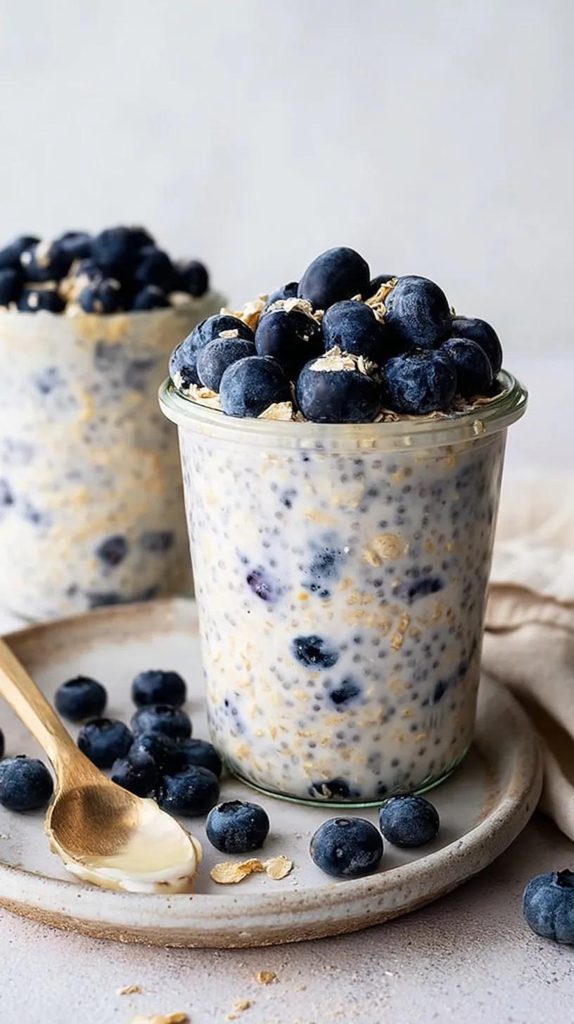 A glass jar filled with creamy blueberry overnight oats topped with fresh berries