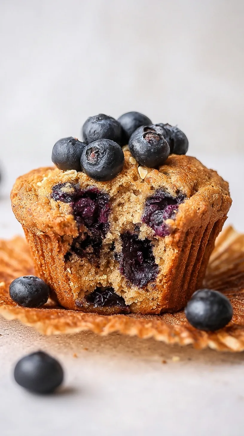 A stack of golden brown blueberry protein muffins bursting with fresh berries on a cooling rack.