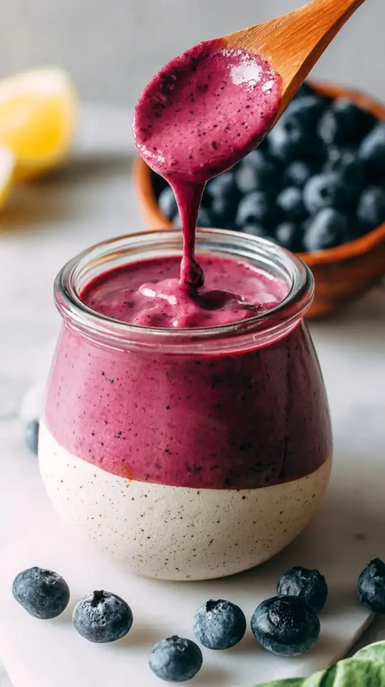 A jar of creamy purple blueberry tahini dressing next to fresh blueberries and a lemon.