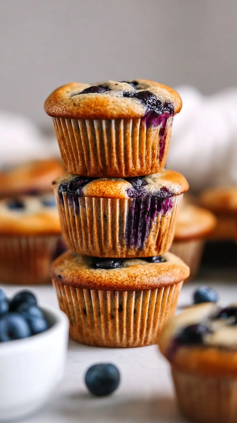 A stack of golden brown Blueberry Yogurt Muffins bursting with fresh berries on a wire cooling rack.