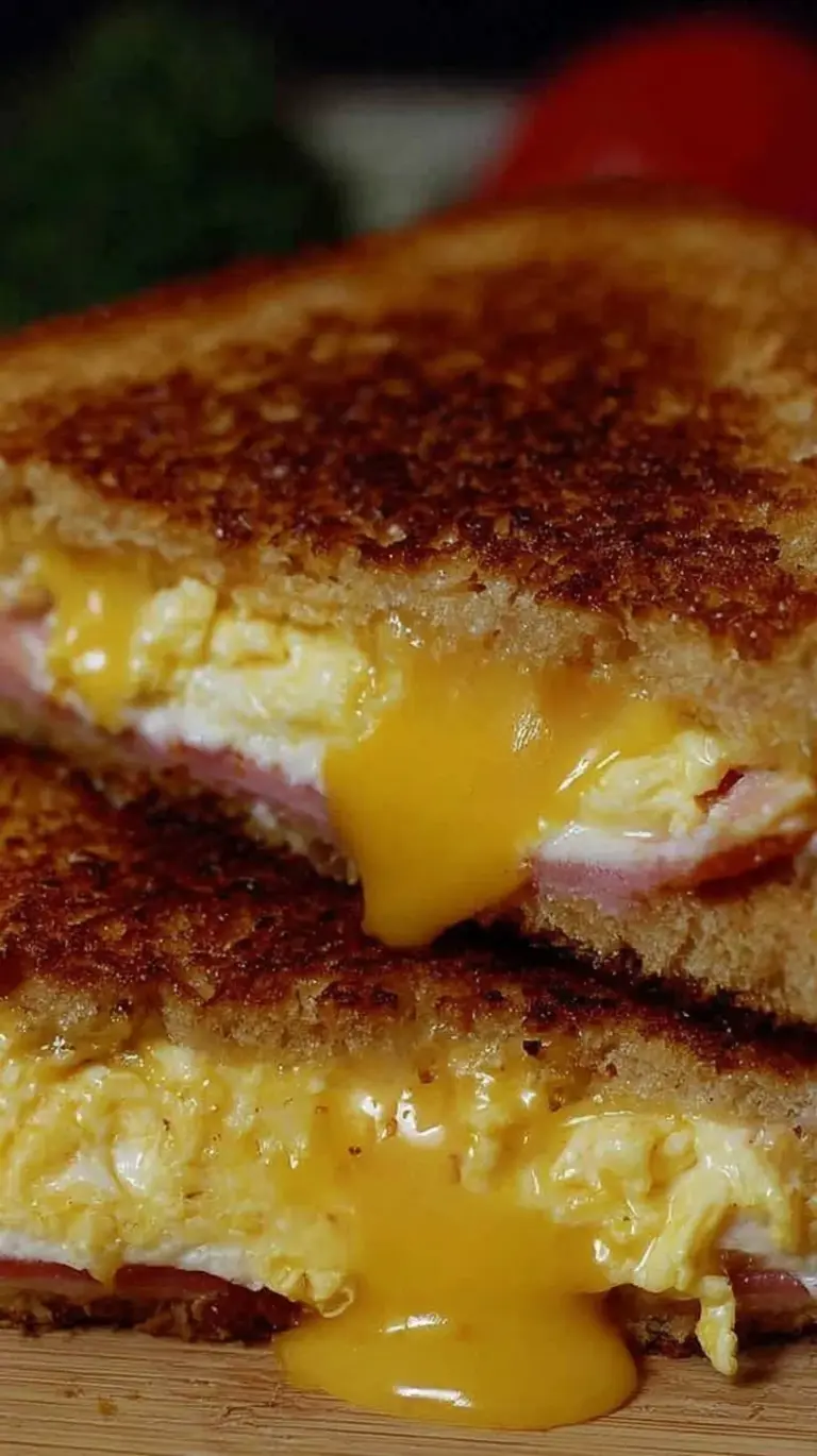 A crispy, golden-brown sprouted grain grilled cheese sandwich with melted cheddar and smoked turkey