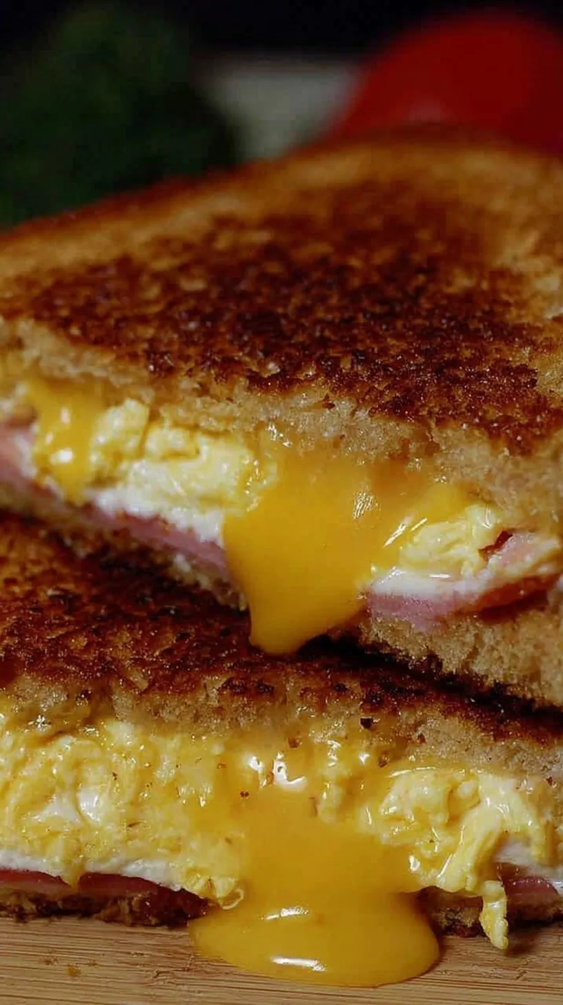 A crispy, golden-brown sprouted grain grilled cheese sandwich with melted cheddar and smoked turkey