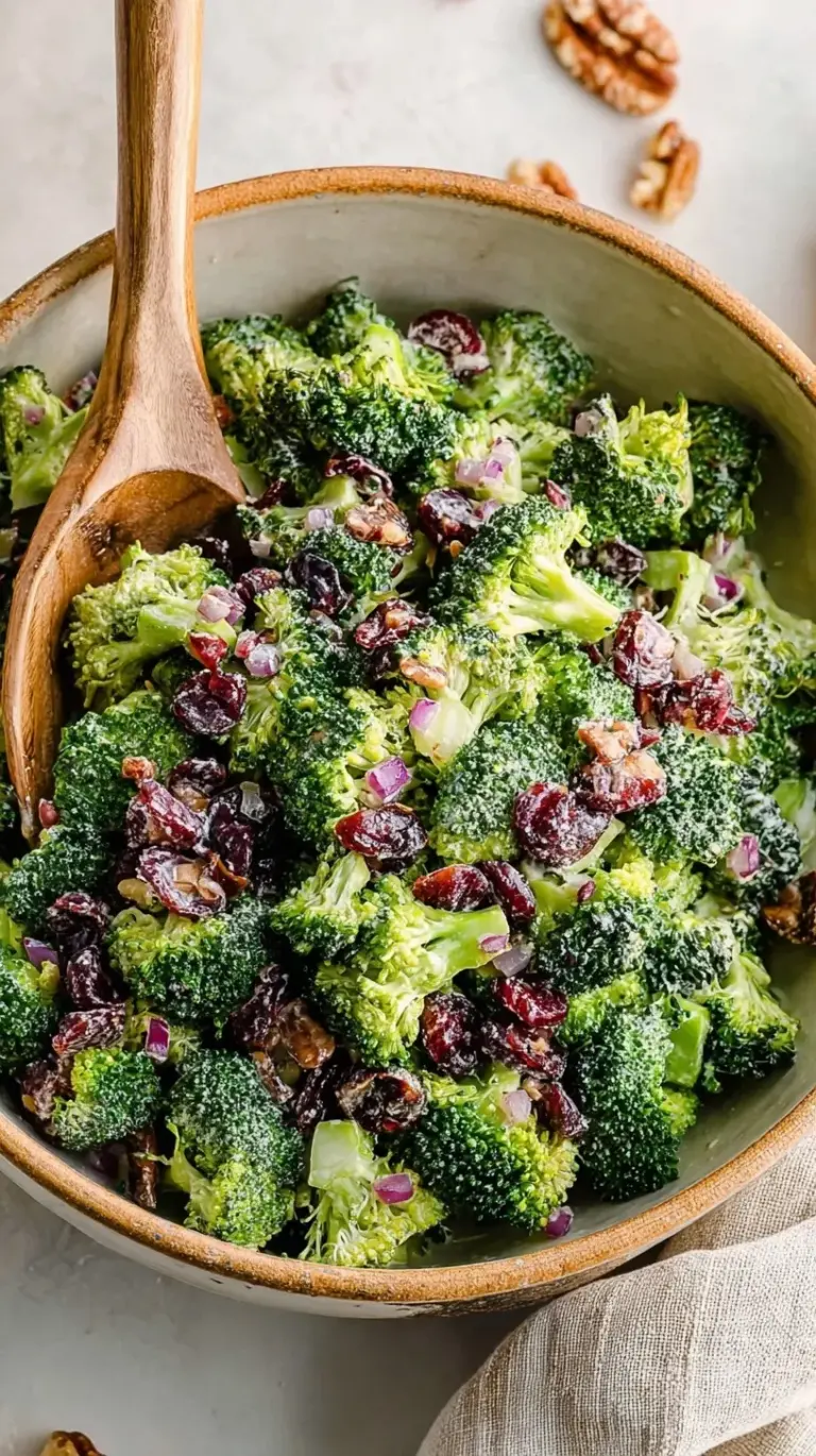 A bowl of fresh Broccoli Cranberry Salad with sunflower seeds and bacon