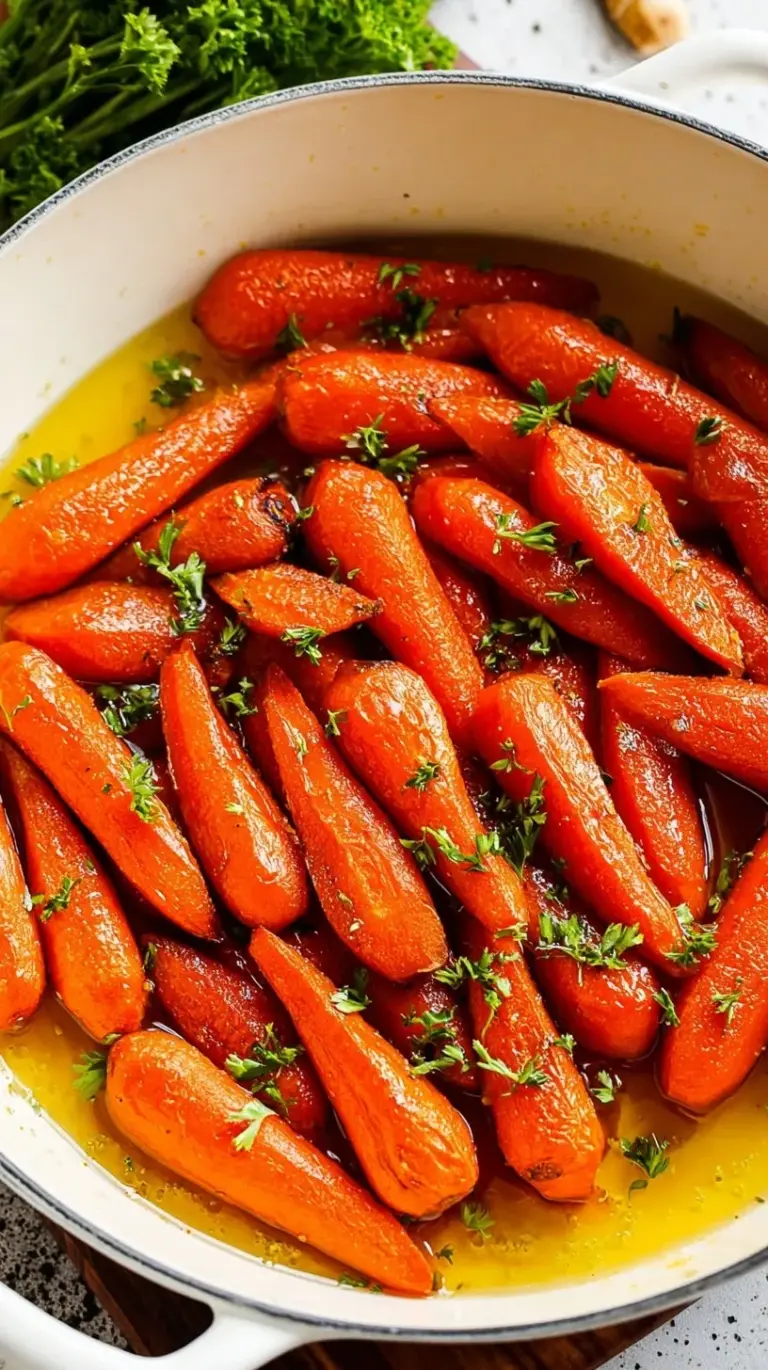 A skillet filled with tender sliced carrots coated in a shiny brown sugar and butter glaze garnished with fresh parsley.